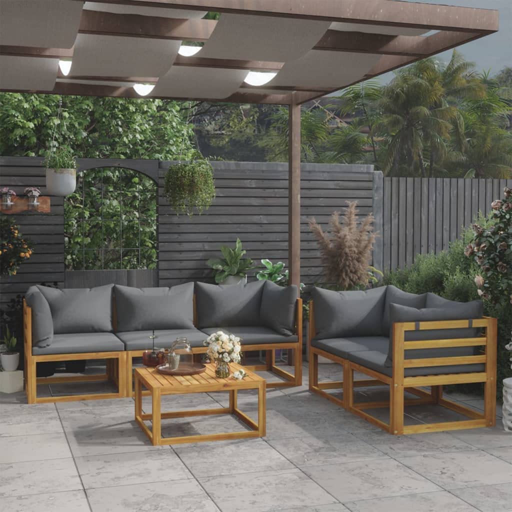 vidaXL Solid Acacia Wood Patio Lounge Set- 6 Piece Outdoor Furniture with Cushions and Coffee Table, Weather Resistant, Modular Design, Dark Grey