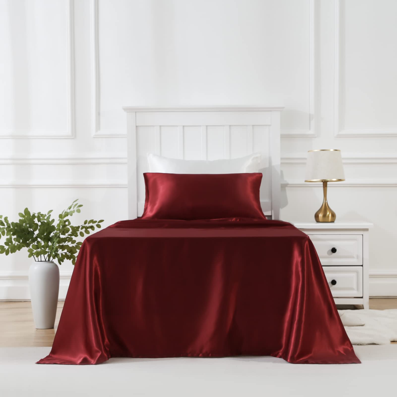 Golal Satin Sheets Twin Size - 3 Pieces Luxury Silky Soft Bed Sheets For Kids, Wrinkle-Free Burgundy Satin Silk Sheet Set With 1 Deep Pocket Fitted Sheet, 1 Flat Sheet, 1 Pillow Case