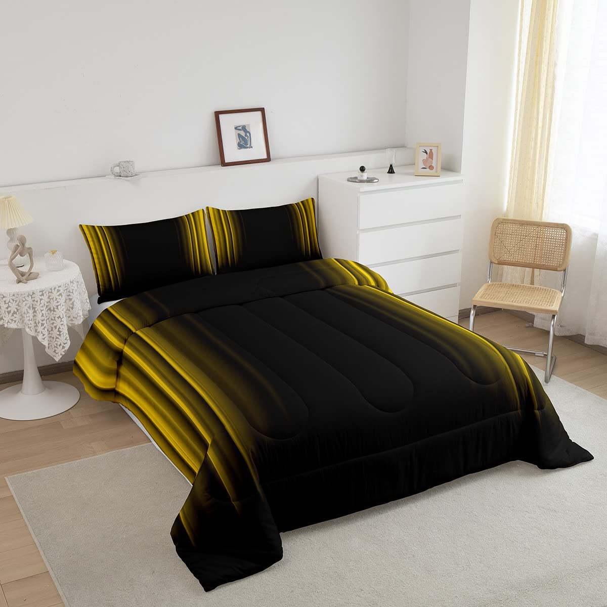 Geometric Abstract Ombre Bedding Bed Set Men Adults Teens Yellow And Black Striped Comforter Set Kids Boys Girls Simple Modern Comforter Inner Fill Bedroom Collection 3Pcs Full Size