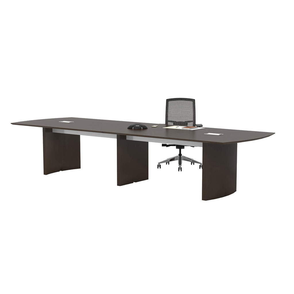 Safco Medina 14' Conference Table with Moucha Finish, Rounded Ends and Beveled Edges, Silver Detailing, Grommet Holes, 250 lbs Capacity.