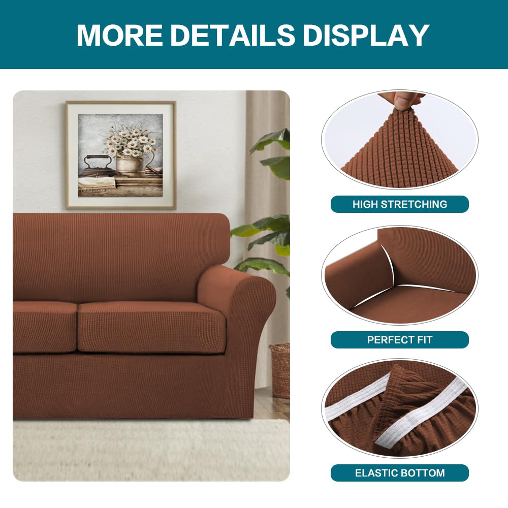 Turquoize 3 Piece Sofa Covers For 2 Cushion Couch Sofa Slipcover Soft Cover For Dogs-Washable Furniture Covers With 2 Individual Cushion Covers, Feature Jacquard Fabric(Loveseat, Caramel)