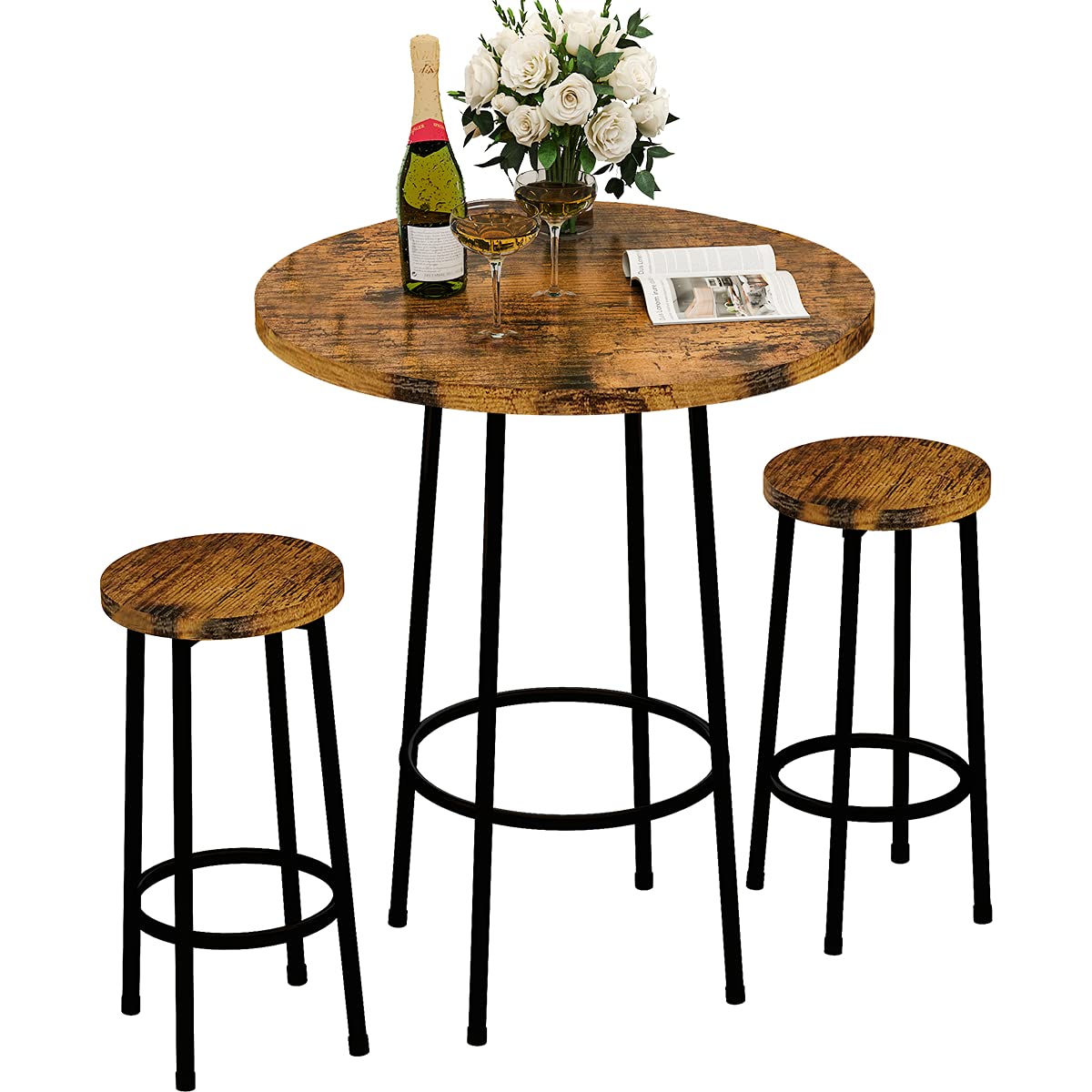 Recaceik 3 Piece Pub Dining Set, Modern Round bar Table and Stools for 2 Kitchen Counter Height Wood Top Bistro Easy Assemble fo