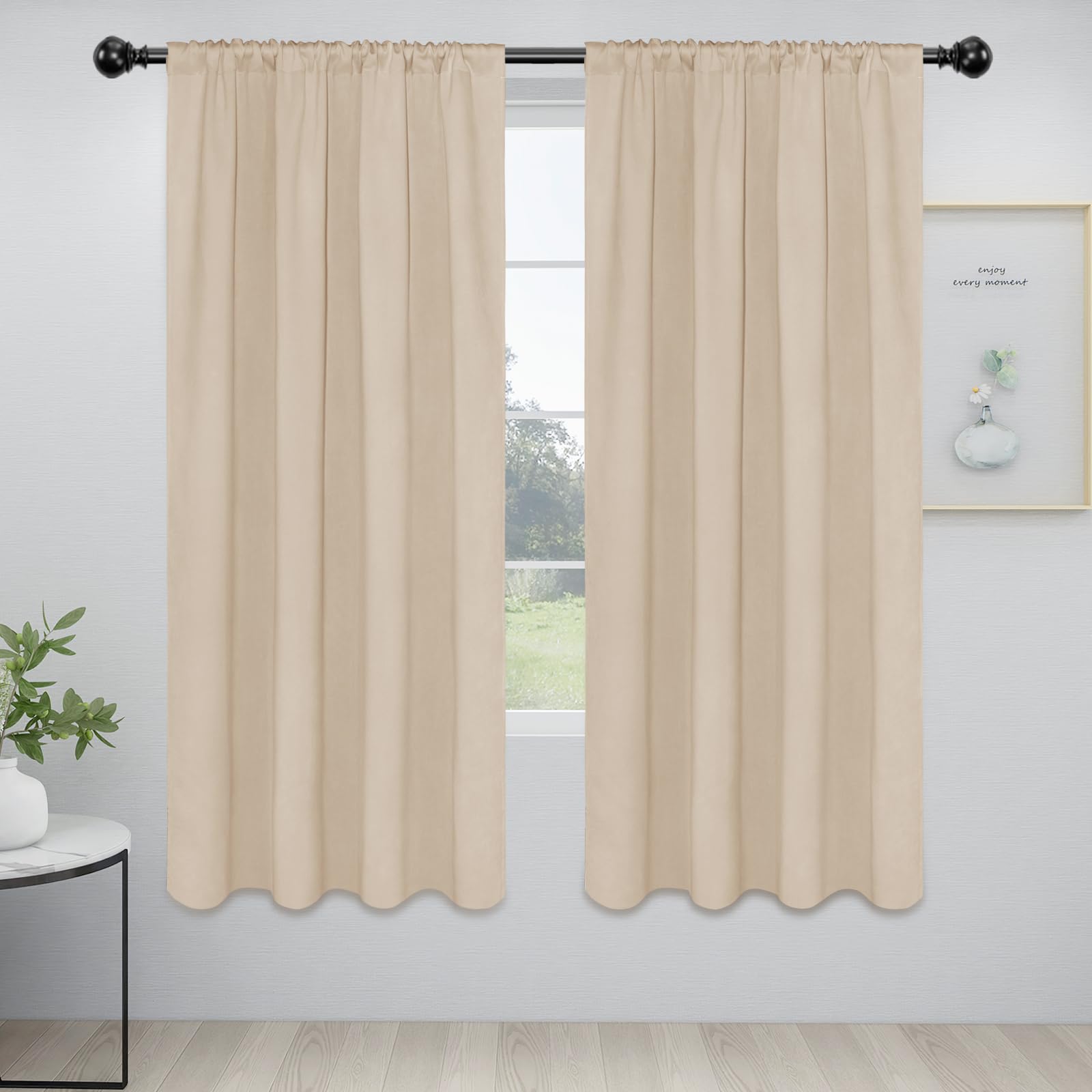 Easy-Going Rod Pocket Blackout Curtains For Bedroom, Room Darkening Window Curtains For Living Room, Thermal Insulated Noise Reduction Solid Window Drapes, 2 Panels(42X72 In, Beige)