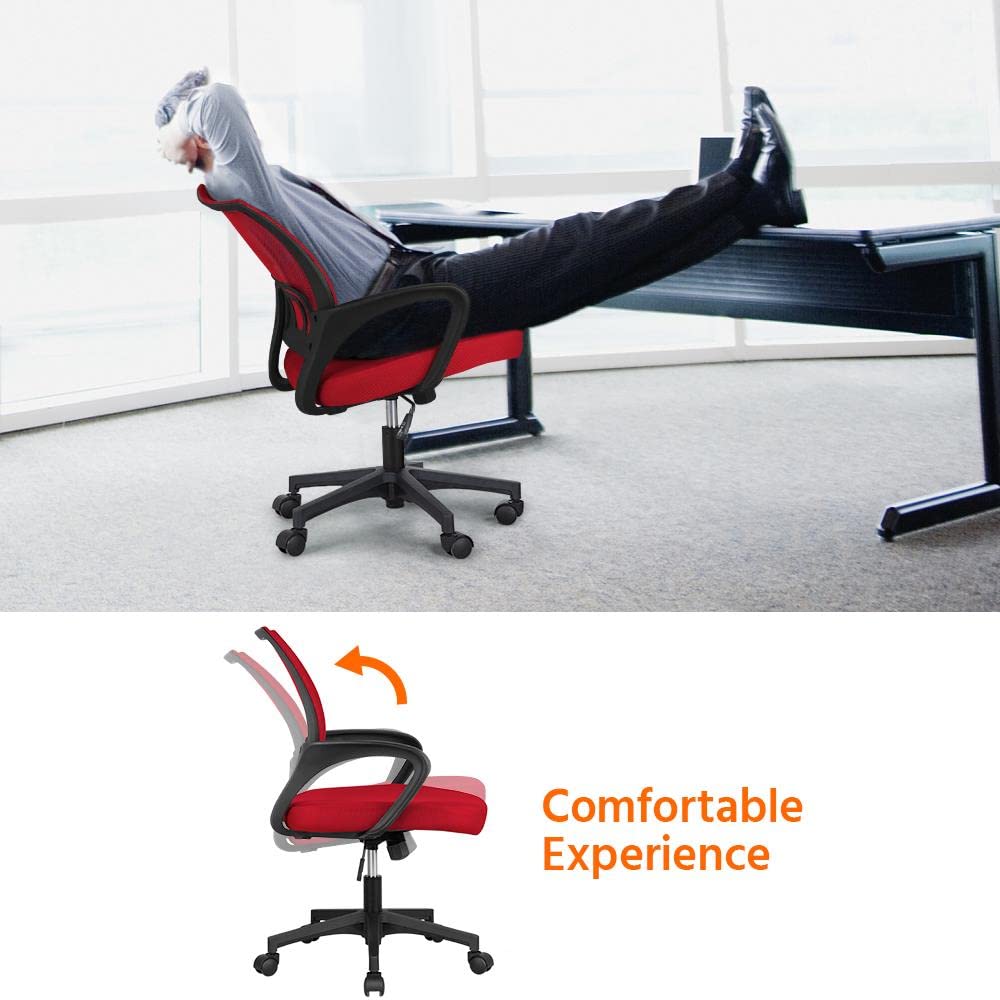 Yaheetech Office Chair Desk Chair Mid Back Mesh Task Chair Computer Chair Ergonomic Rolling Swivel Chair Adjustable Modern Executive Chair With Lumbar Support Armrests, Red