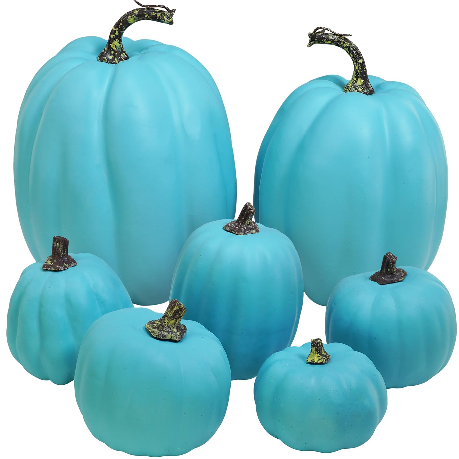 Winlyn 7 Pcs Assorted Artificial Teal Blue Pumpkins Halloween Pumpkins Faux Coastal Decorative Foam Pumpkins for Fall Baby Showe