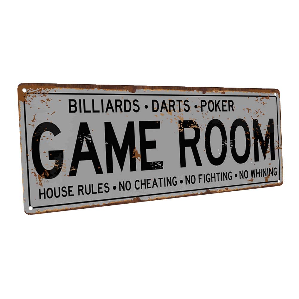 Game Room House Rules Metal Street Sign, Billiards, Poker, Darts, Gaming, Mancave, Den, Wall D  cor