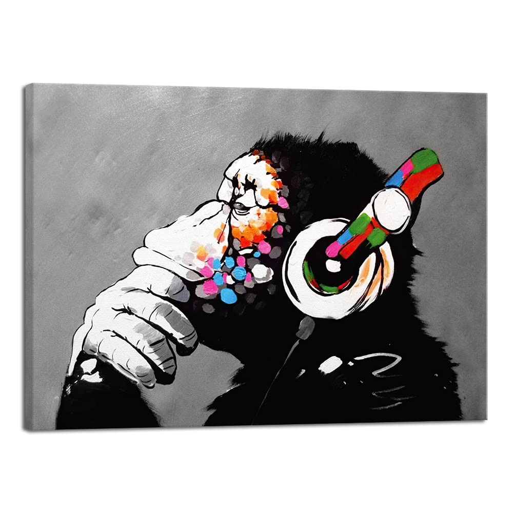 Wieco Art Monkey With Headphones Banksy Graffiti Art Abstract Canvas Painting Posters and Prints Animal Canvas Wall Art for Wall