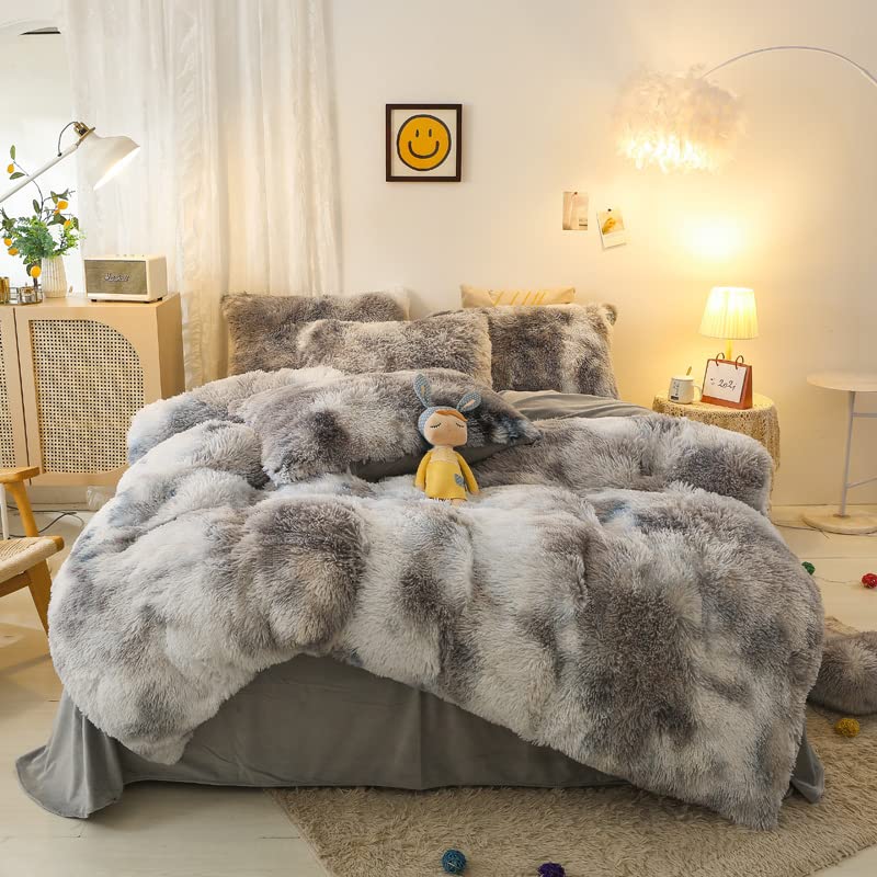 Chovy Kids Girls Faux Fur Black White Gray Comforter Sets Twin/Full - 3Pc Bed Set Soft Warm Comfortable Rabbit Plush Velvet Flan