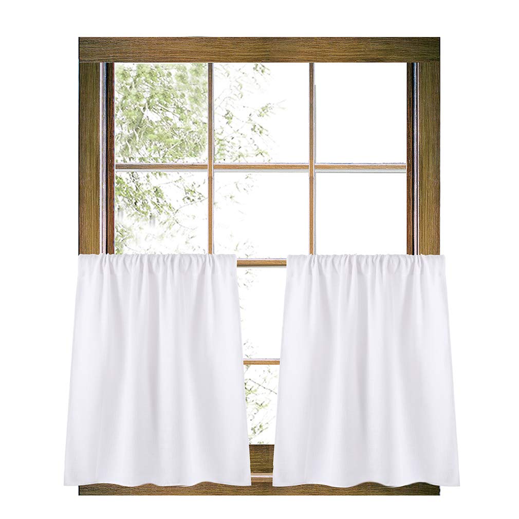 Valea Home Burlap Tier Curtains for Kitchen Rustic Rod Pocket Curtains for Short Window 24 inch Linen Cafe Curtains, White, Set 