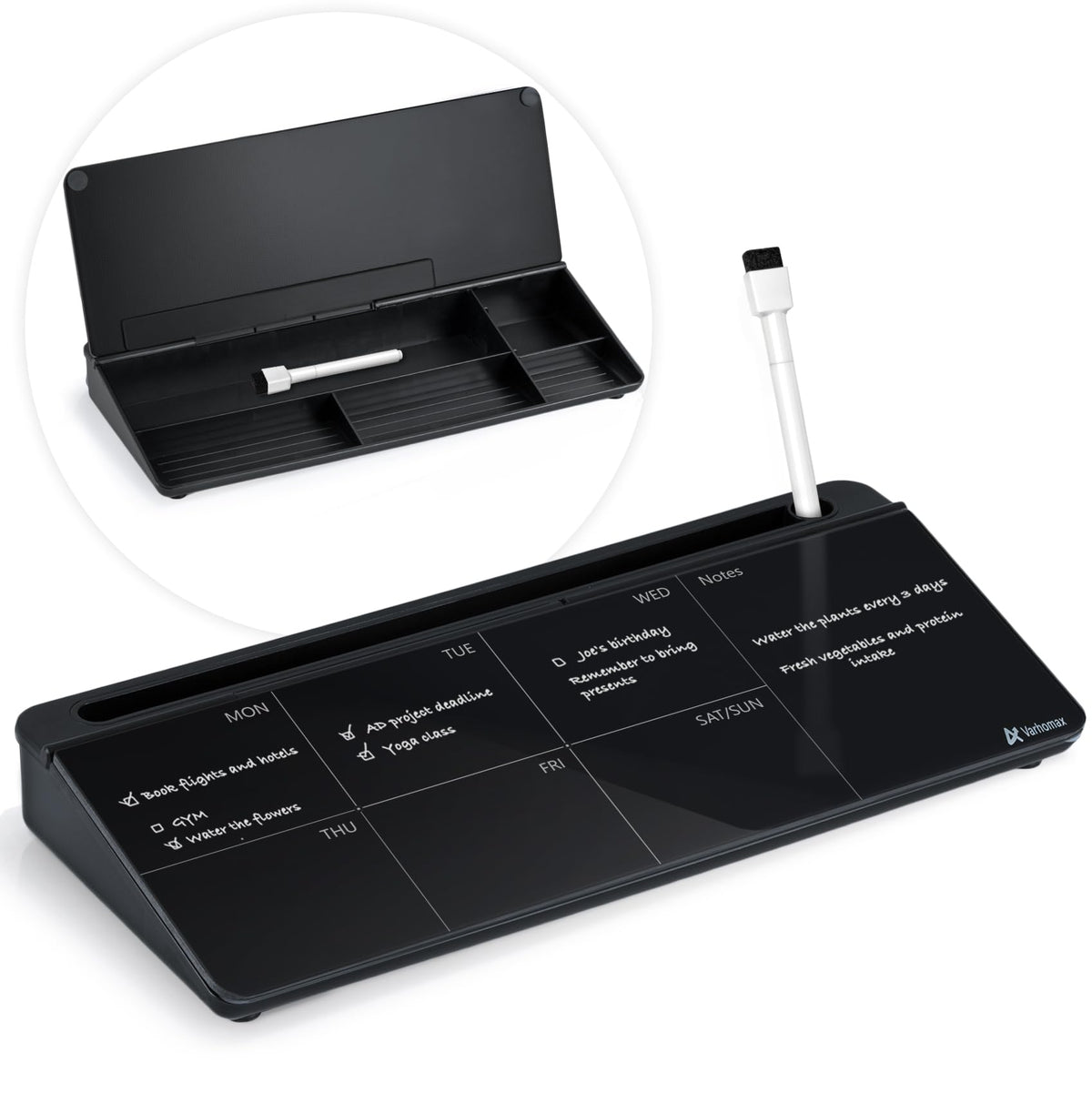 Varhomax Glass Weekly Dry Erase Desk White Board, Desktop To Do List Planner Whiteboard Calendar With Storage Caddy Memo Desk Bo
