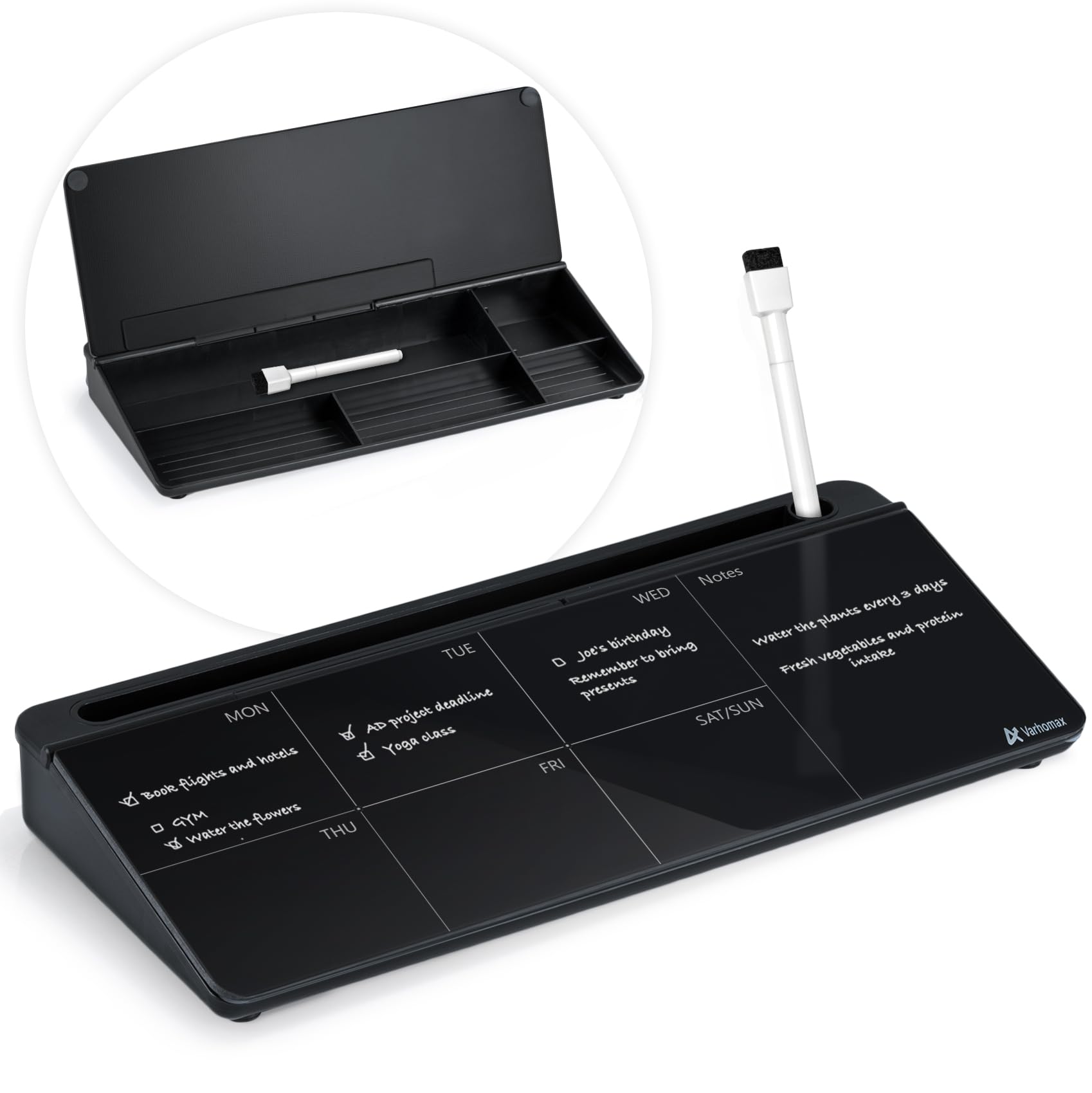 Varhomax Glass Weekly Dry Erase Desk White Board, Desktop To Do List Planner Whiteboard Calendar With Storage Caddy Memo Desk Bo