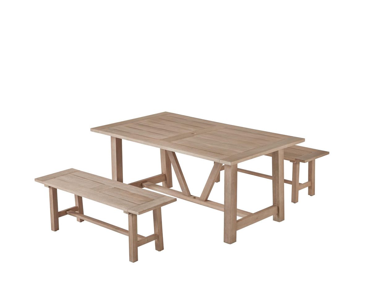 Best Quality Furniture D1007 Outdoor Dining Set, 1 Table + 2 Benches, Light Oak