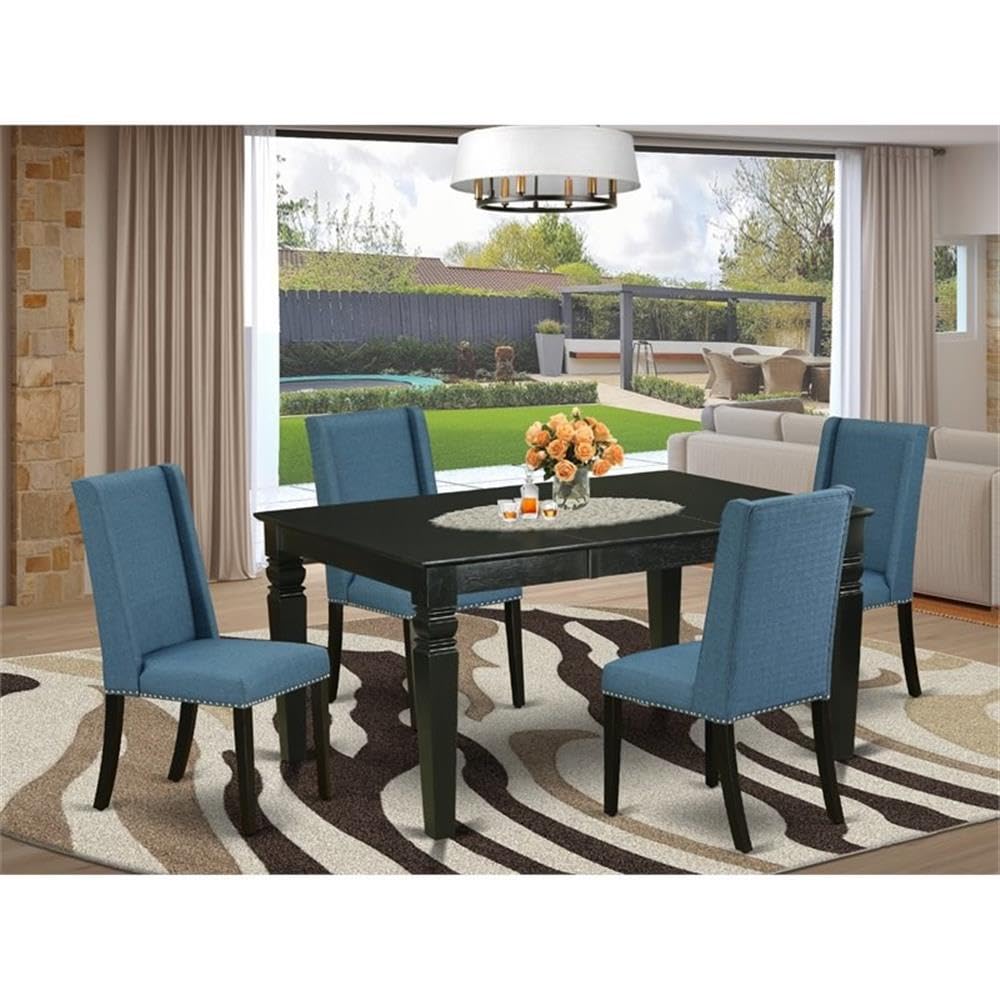 East West Furniture Wefl5-Blk-21 5 Piece Dining Table Set For 4 Includes A Rectangle Kitchen Table With Butterfly Leaf And 4 Blue Linen Fabric Upholstered Chairs, 42X60 Inch, Black