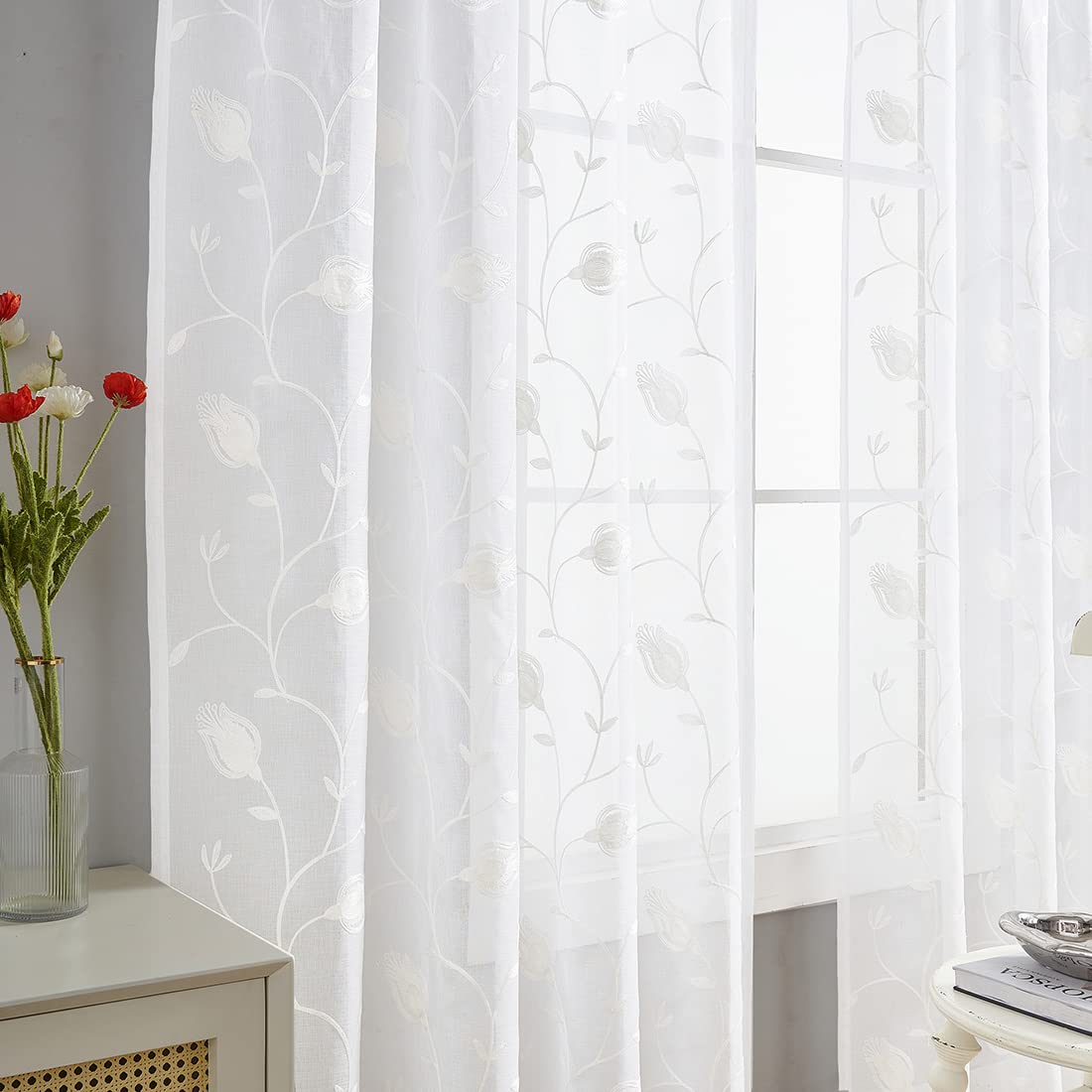 Embroidery White Tulip Sheer Curtains 84 Inches Long, Rod Pocket Sheer Drapes For Living Room, Bedroom, 2 Panels, 52''X 84'', Se