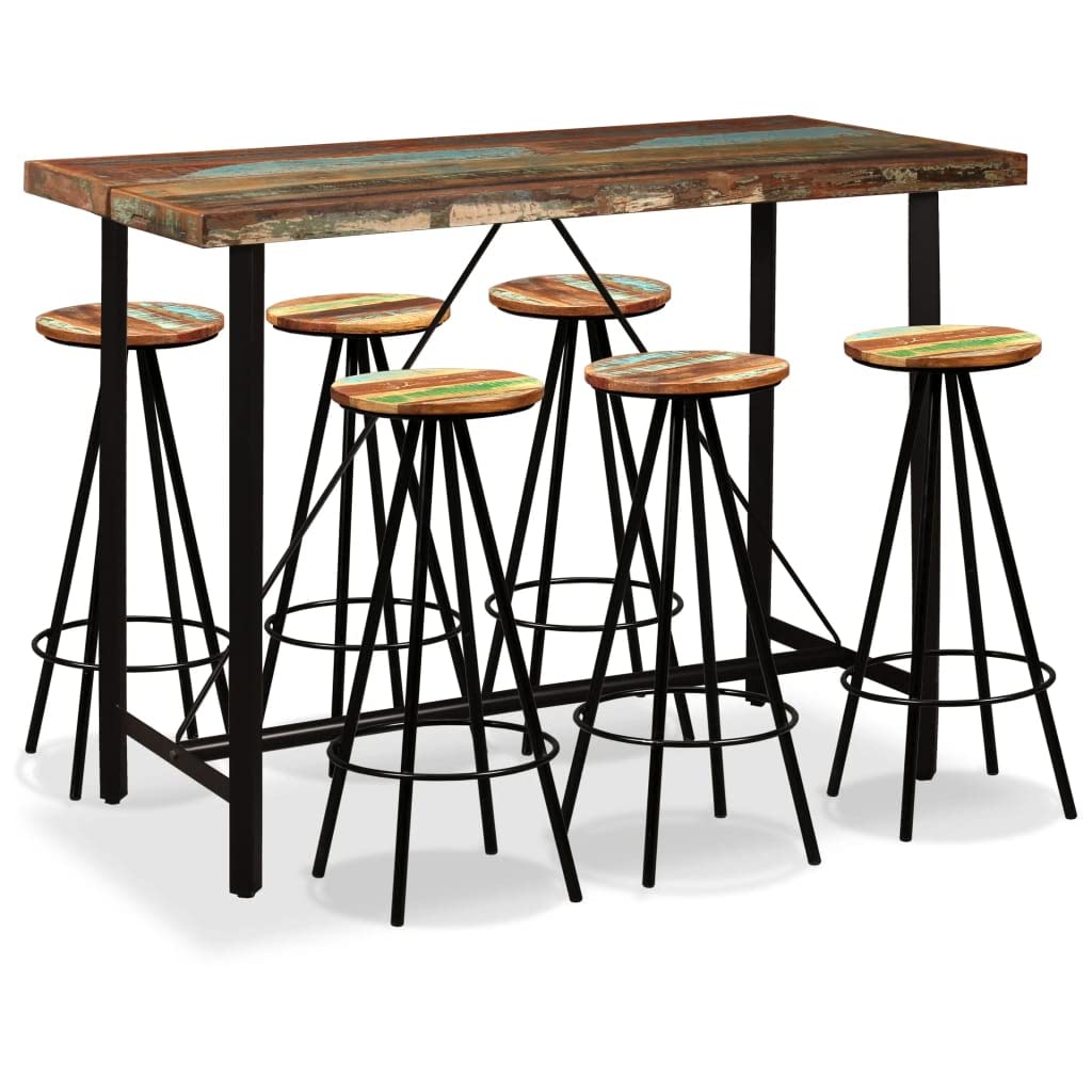 vidaXL Bar Set 7 Piece Heavy Duty Rustic Industrial High Stools Bistro Pub Restaurant Seating Set Solid Reclaimed Wood Steel