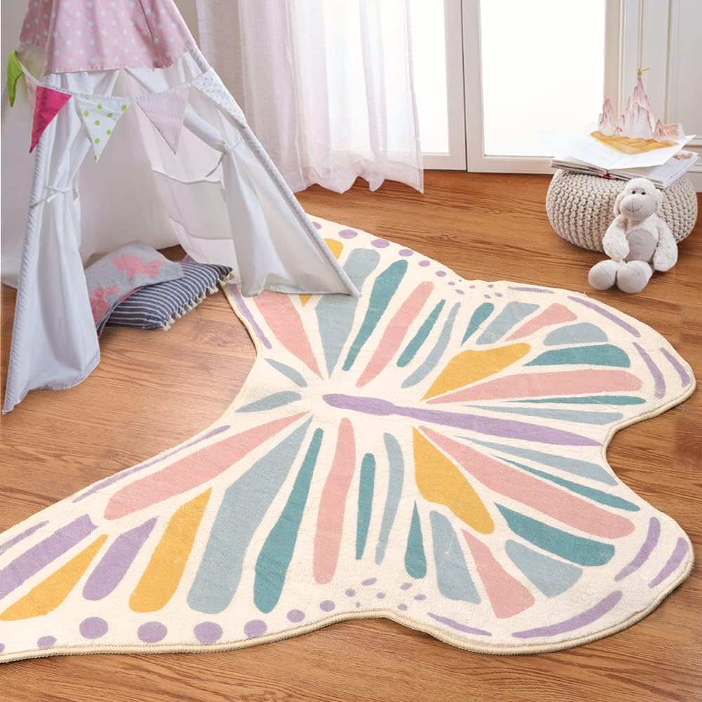 Lukinbox Kids Rugs For Bedroom, Large Butterfly Nursery Area Rug For Playroom, Colorful Kids Play Mat Non Slip Washable Shaped C
