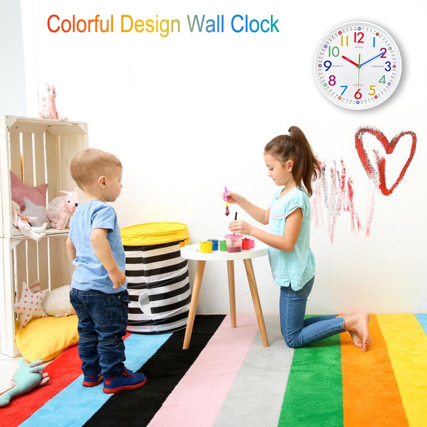 Airuifu Learning Clock For Kids-Silent Analog Clock For Bedrooms-Kids Room Decor-12 Inches Colorful Wall Clock Helps Kids Easier
