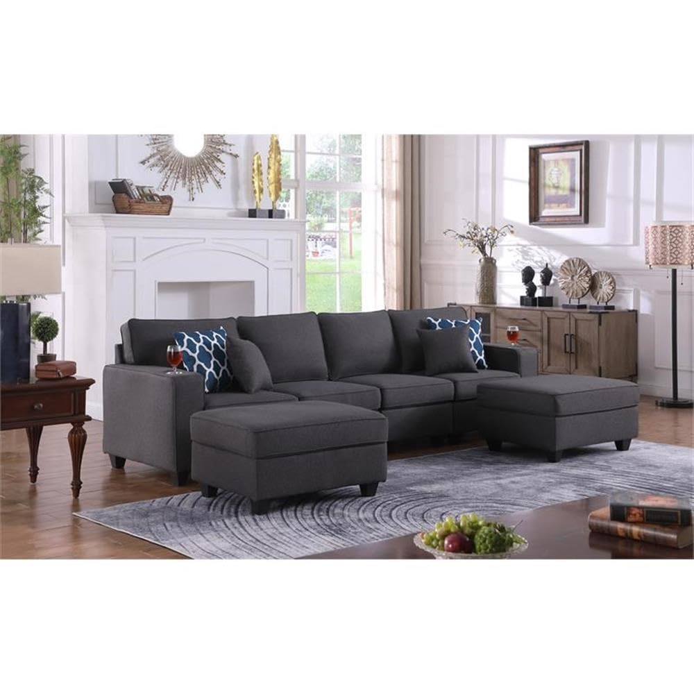 Lilola Home Cooper Dark Gray Linen 4-Seater Sofa with 2 Ottomans and Cupholder