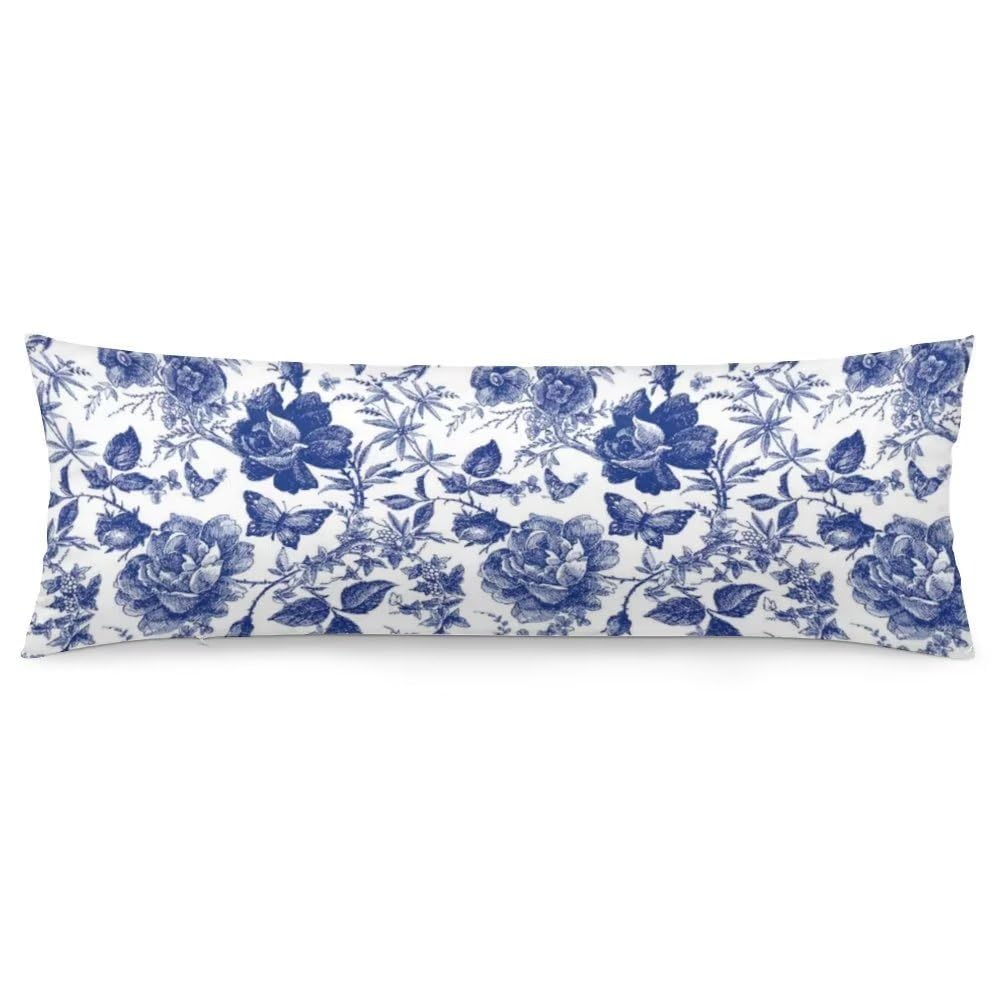 Blue And White Porcelain Floral Body Pillow Cover Modern Vintage Chinoiserie Decorative Long Pillow Case With Zipper Farmhouse B