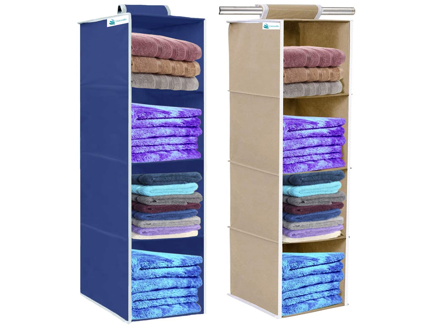 Unicrafts Hanging Organizer 4 Shelves NonWoven Foldable Wardrobe Organiser 4 Tier Pack Of 2, 1Blue 1Beige