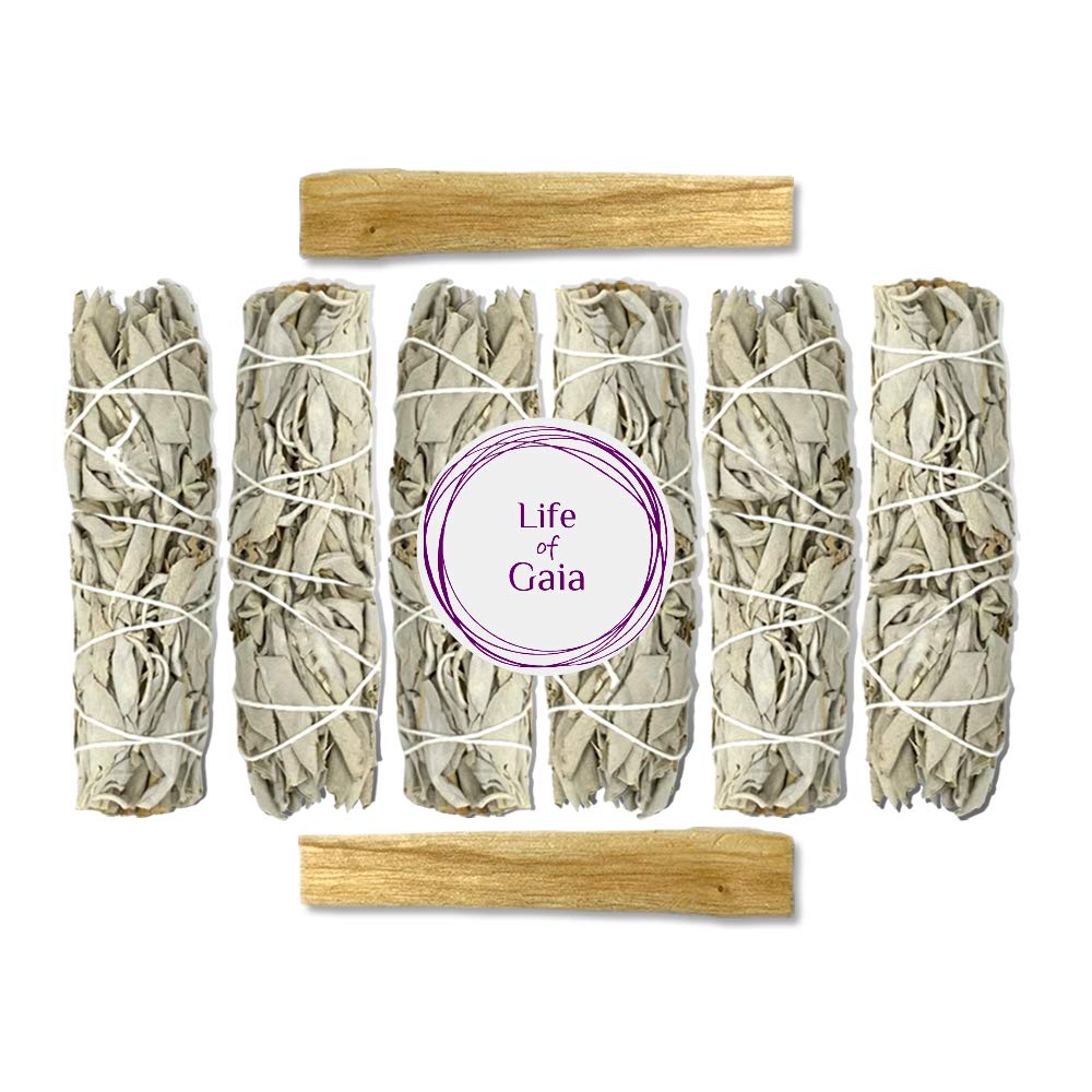 Life of Gaia Sage Smudge Kit with Palo Santo. 6 White Sage Smudge Sticks & 2 Palo Santo Sticks for Cleansing