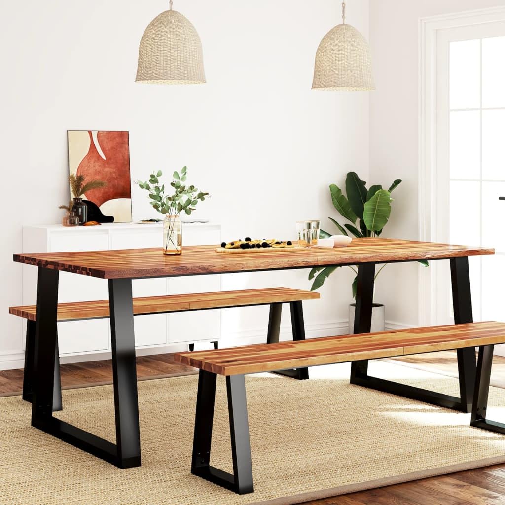 vidaXL Dining Table, Dining Room Table with U-Shaped Steel Legs, Table with Live Edge for Kitchen Restaurant, Desk, Solid Wood Acacia
