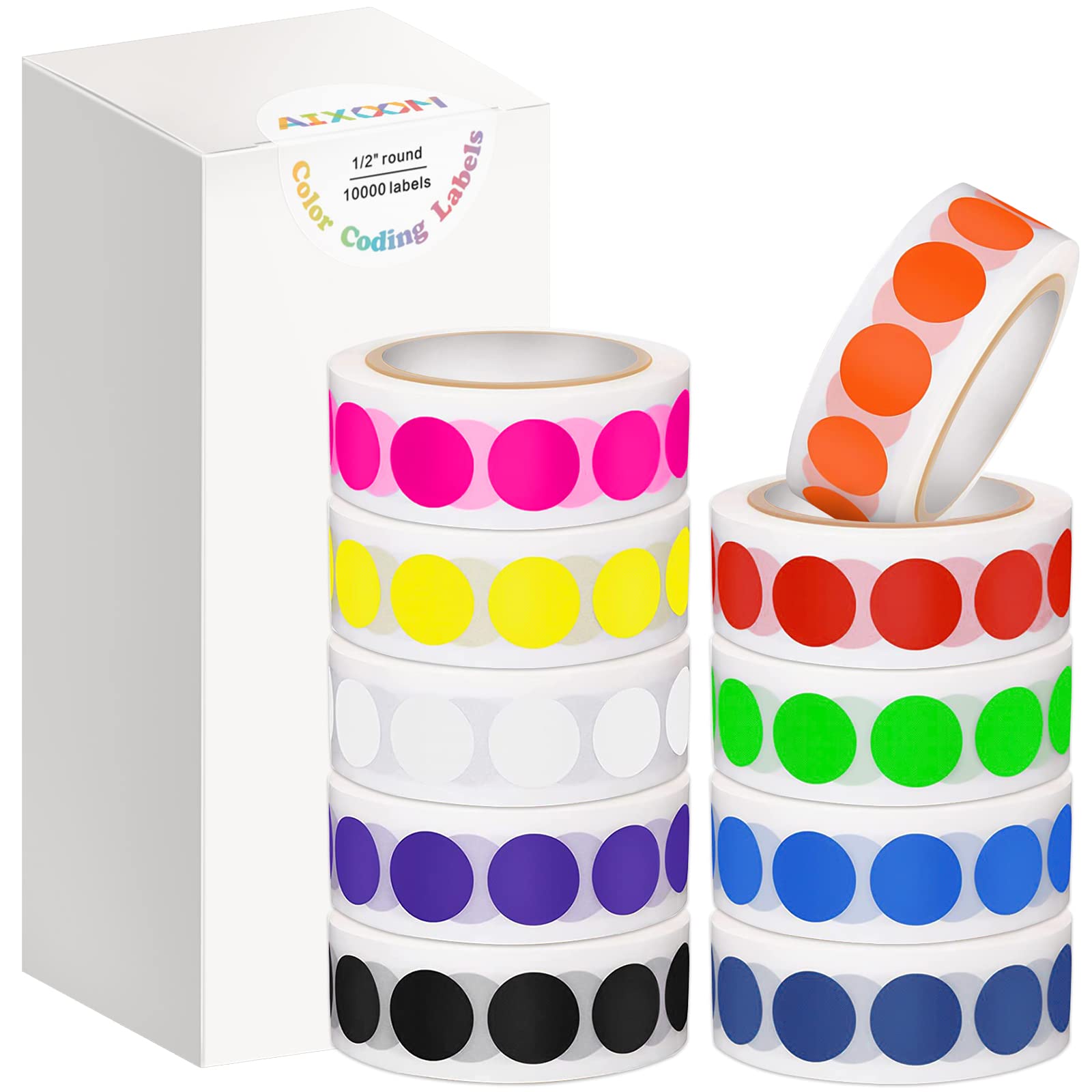 10000 Pcs 1/2' Round Color Coding Labels Circle Dot Stickers, 10 Assorted Colors For Home Office Classroom (10 Rolls,1000 Label