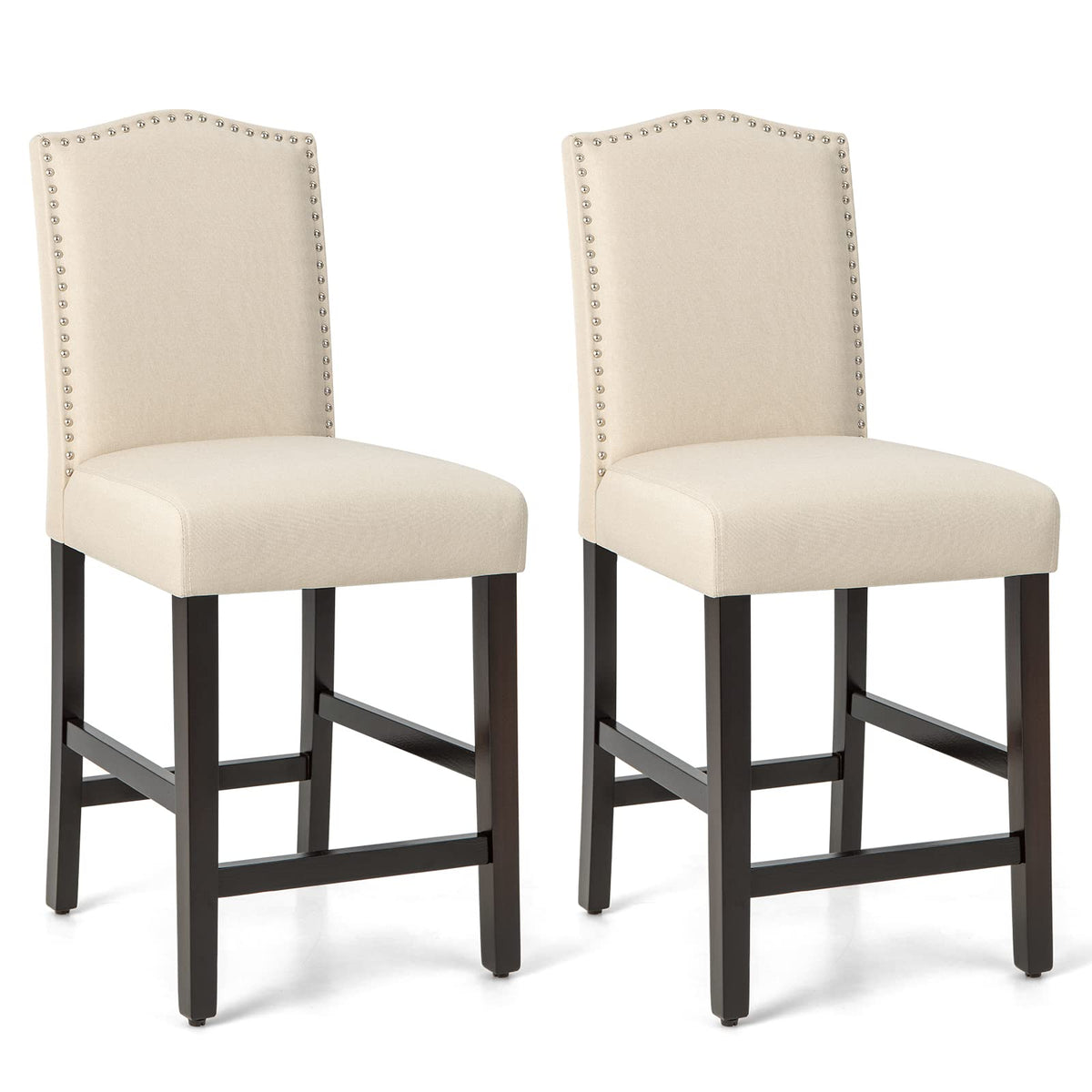 Giantex Bar Stools Set Of 2, 25' Counter Height Bar Dining Chairs With Rubber Wood Legs, Footrest, Max Load 330 Lbs, Nailed Upholstered Barstools With Back For Kitchen Island, Beige