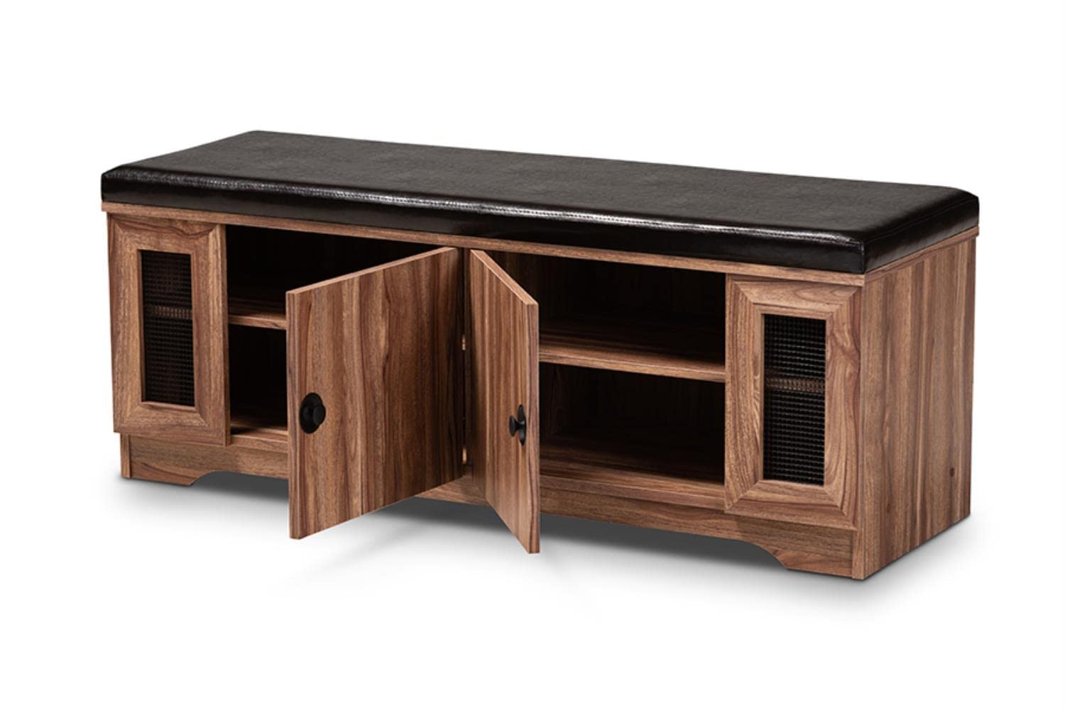Baxton Studio Valina Modern and Contemporary Dark Brown Faux Leather Upholstered 2-Door Wood Shoe Storage Bench with Screen Inserts