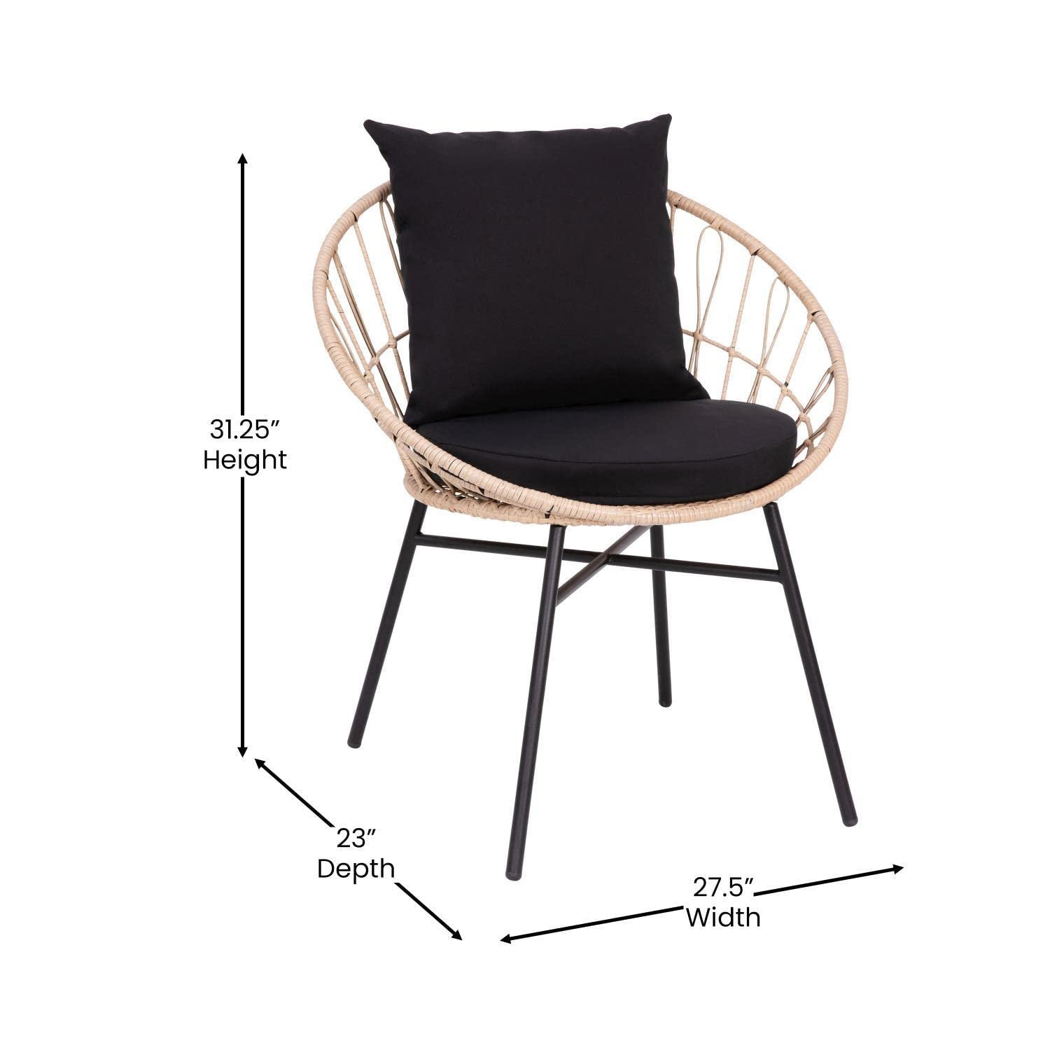 Flash Furniture Devon 3-Piece Indoor/Outdoor Bistro Set - Tan Finish Rattan Rope Papasan Style Chairs And Glass Top Side Table - Black Back And Seat Cushions