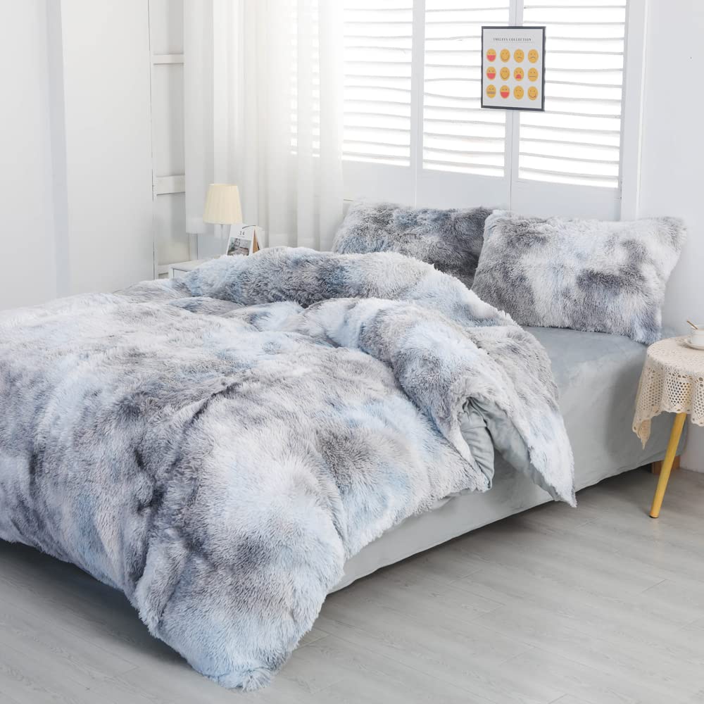 Chovy Faux Fur Tie-Dyed Black White Gray Colorful Comforter Sets Queen - 3Pc Bed Set Ultra Soft Plush Flannel Velvet Fluffy Fuzz