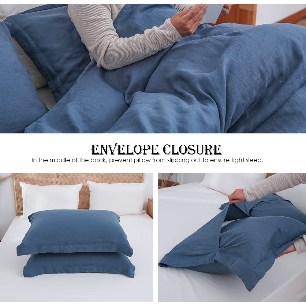 Simple&Opulence 100% Linen Duvet Cover Set 3Pcs Basic Style Natural French Washed Flax Solid Color Soft Breathable Farmhouse Bedding With Button Closure - Classic Blue, King