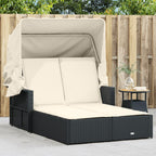 vidaXL Double Sun Lounger with Canopy and Cushions - Outdoor Adjustable Rattan Day Bed, Weather-Resistant, Black/Cream