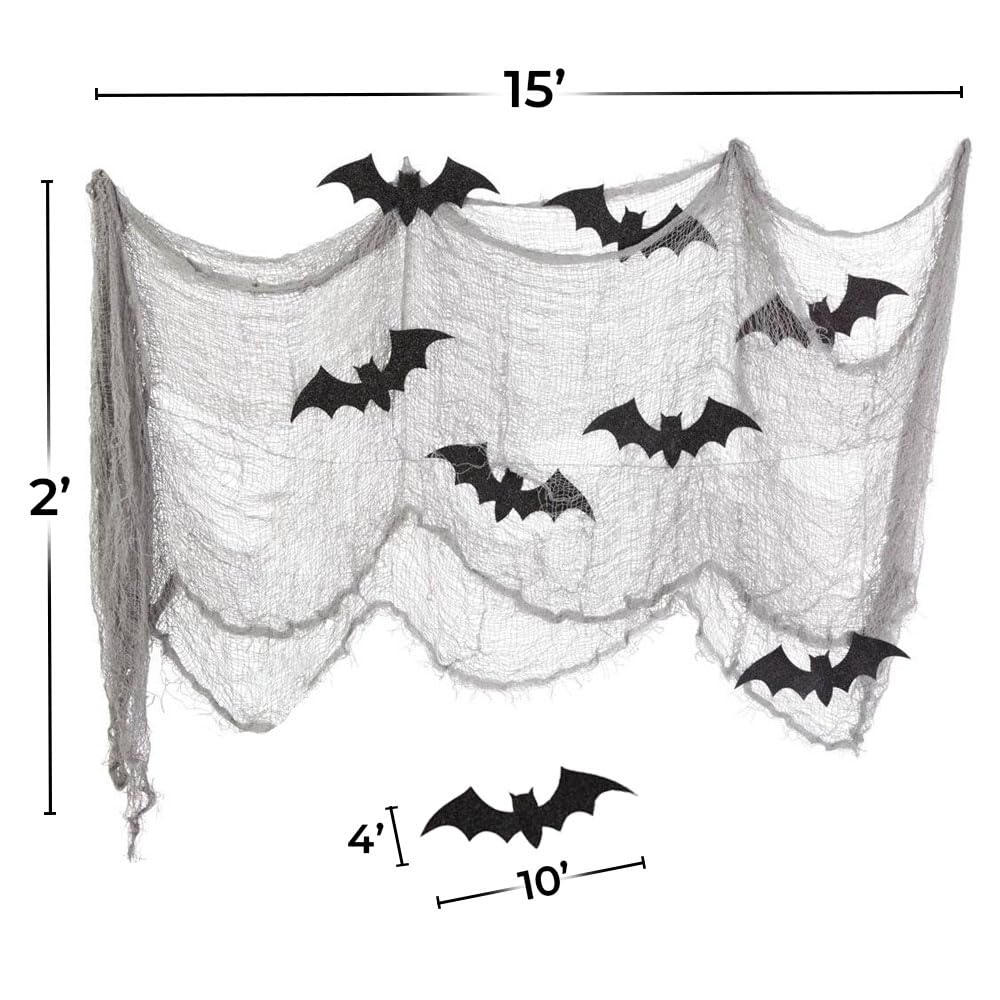 Glitter Bat & Gauze Kit: Sparkling 4'' X 10'' Paper Bats (8Pcs) & 15' X 2' Haunting Gauze Decoration (1 Count) - Perfect For Hal