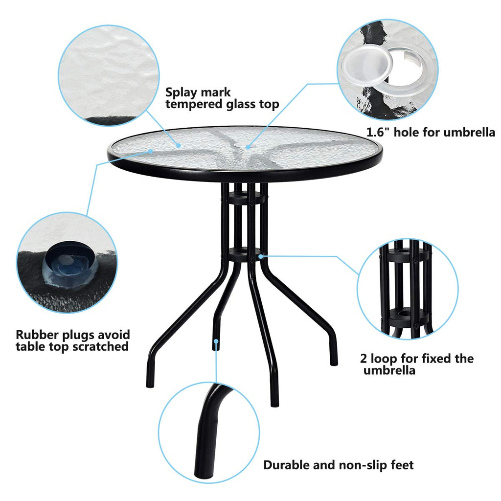 Goplus 32' Outdoor Round Patio Table With Umbrella Hole, All Weather Dining Table Tempered Glass Top, Bistro Table Coffee Table Furniture Commercial Party Event For Backyard Lawn Balcony Pool