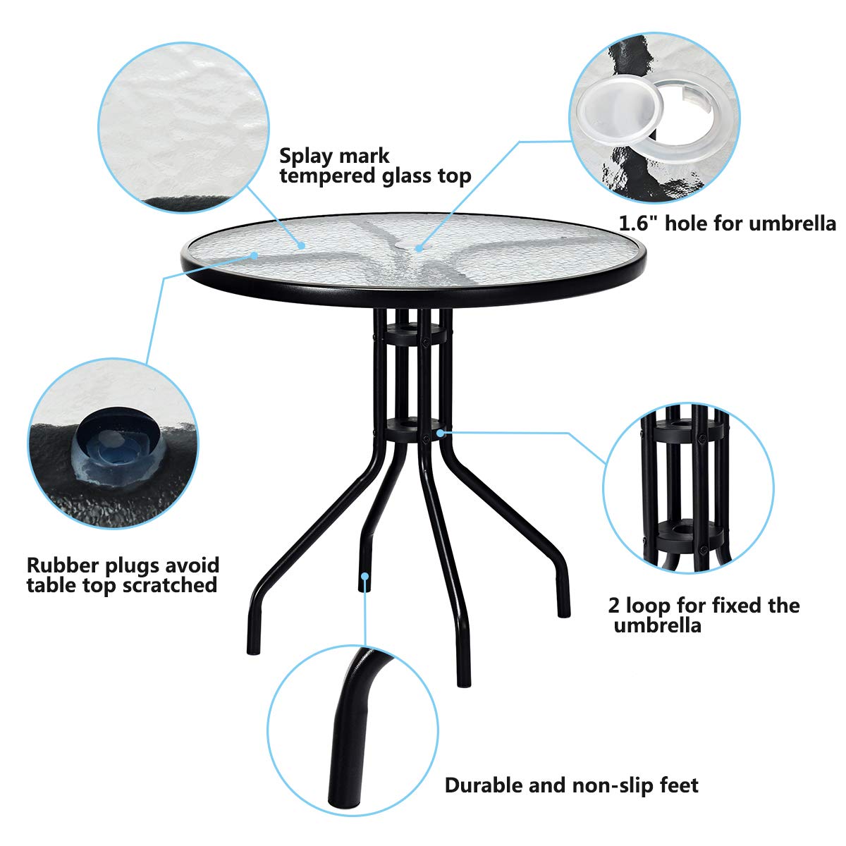Goplus 32' Outdoor Round Patio Table With Umbrella Hole, All Weather Dining Table Tempered Glass Top, Bistro Table Coffee Table Furniture Commercial Party Event For Backyard Lawn Balcony Pool