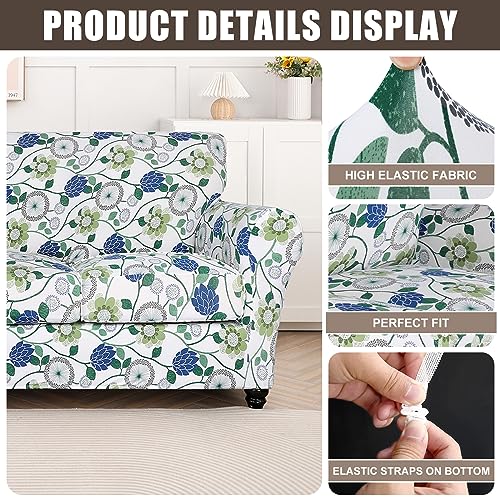 Searchi Stretch Sofa Cover Printed Couch Cover, Floral Pattern 4 Pieces Sofa Slipcover With 3 Separate Cushion Cover, Washable Furniture Protector For Living Room(Sofa, Green Flowers)
