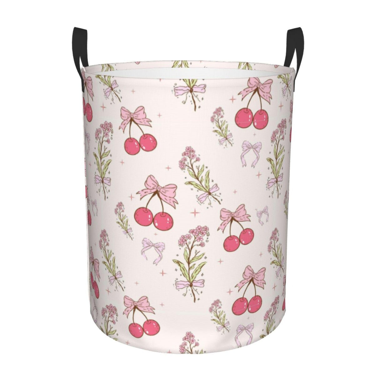Retro Flower Laundry Basket Foldable Pink Cherry Bow Laundry Hamper With Handles Waterproof Oxford Large Clothes Storage Bucket 