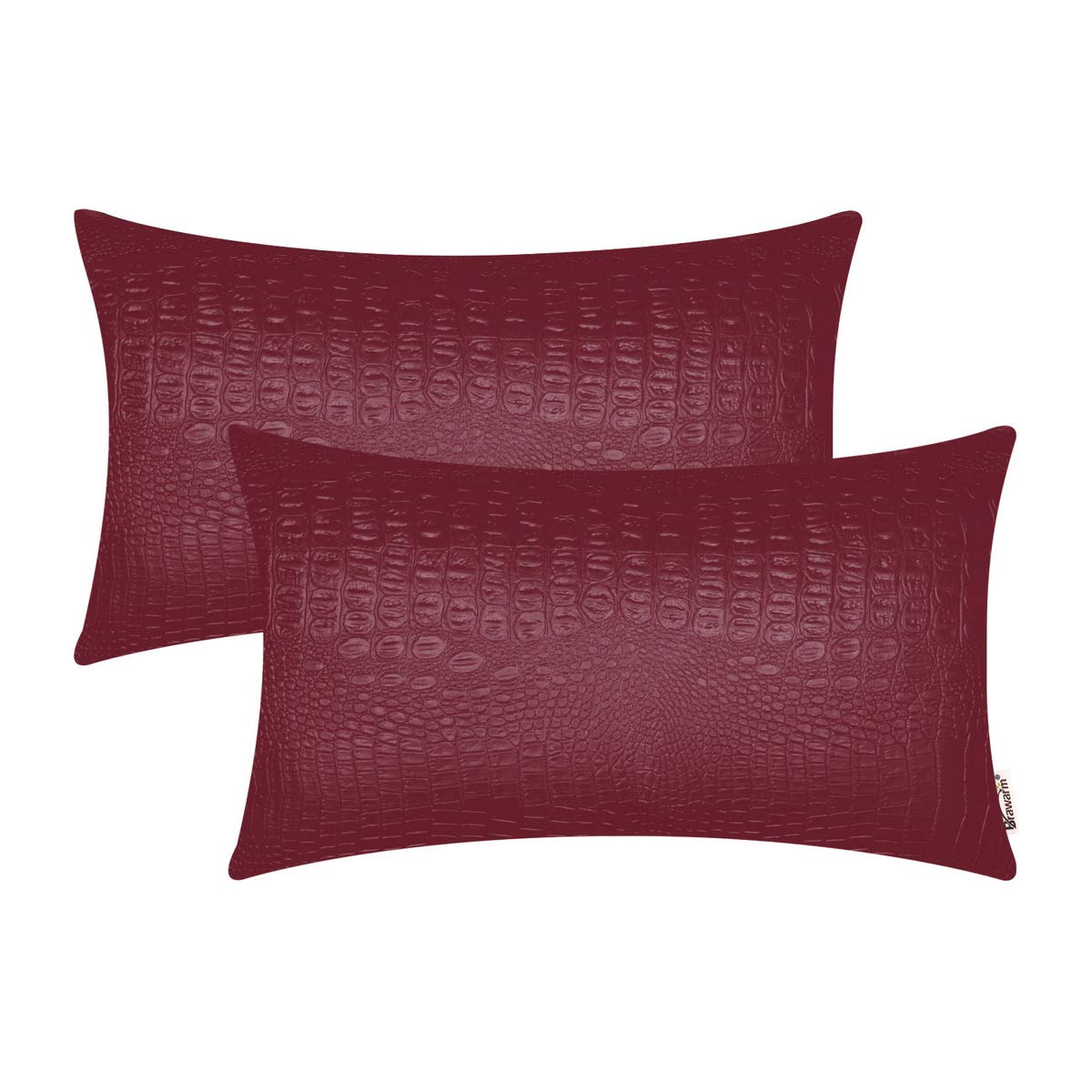 BRAWARM Faux Leather Pillow Covers 12 X 20 Inches, Burgundy Leather Pillow Covers Pack of 2, Crocodile Leather Decorative Lumbar