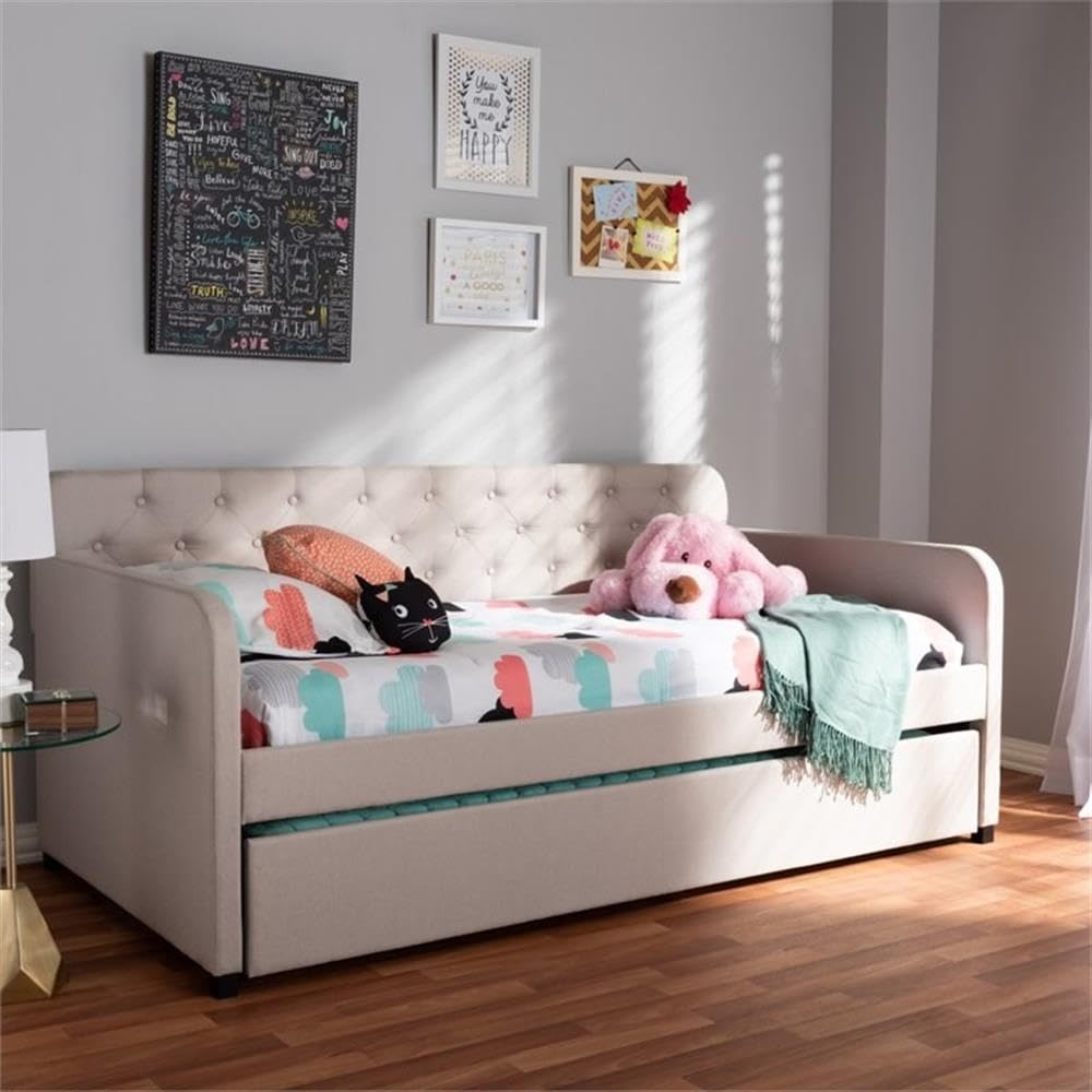 Baxton Studio Camelia Modern and Contemporary Beige Fabric Upholstered Button-Tufted Twin Size Sofa Daybed with Roll-Out Trundle Guest Bed