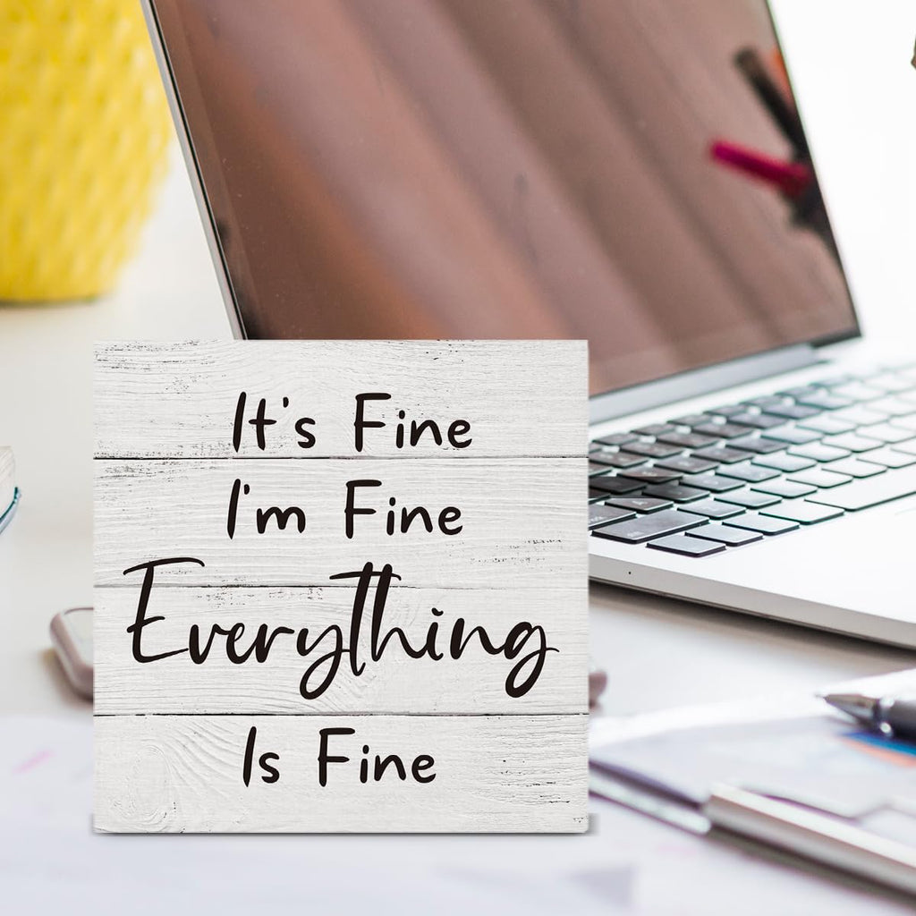 It'S Fine I'M Fine Everything Wooden Box Sign Desk Decor, Farmhouse Wood Box Sign For Home Shelf Table Decoration 5 X 5 Inch
