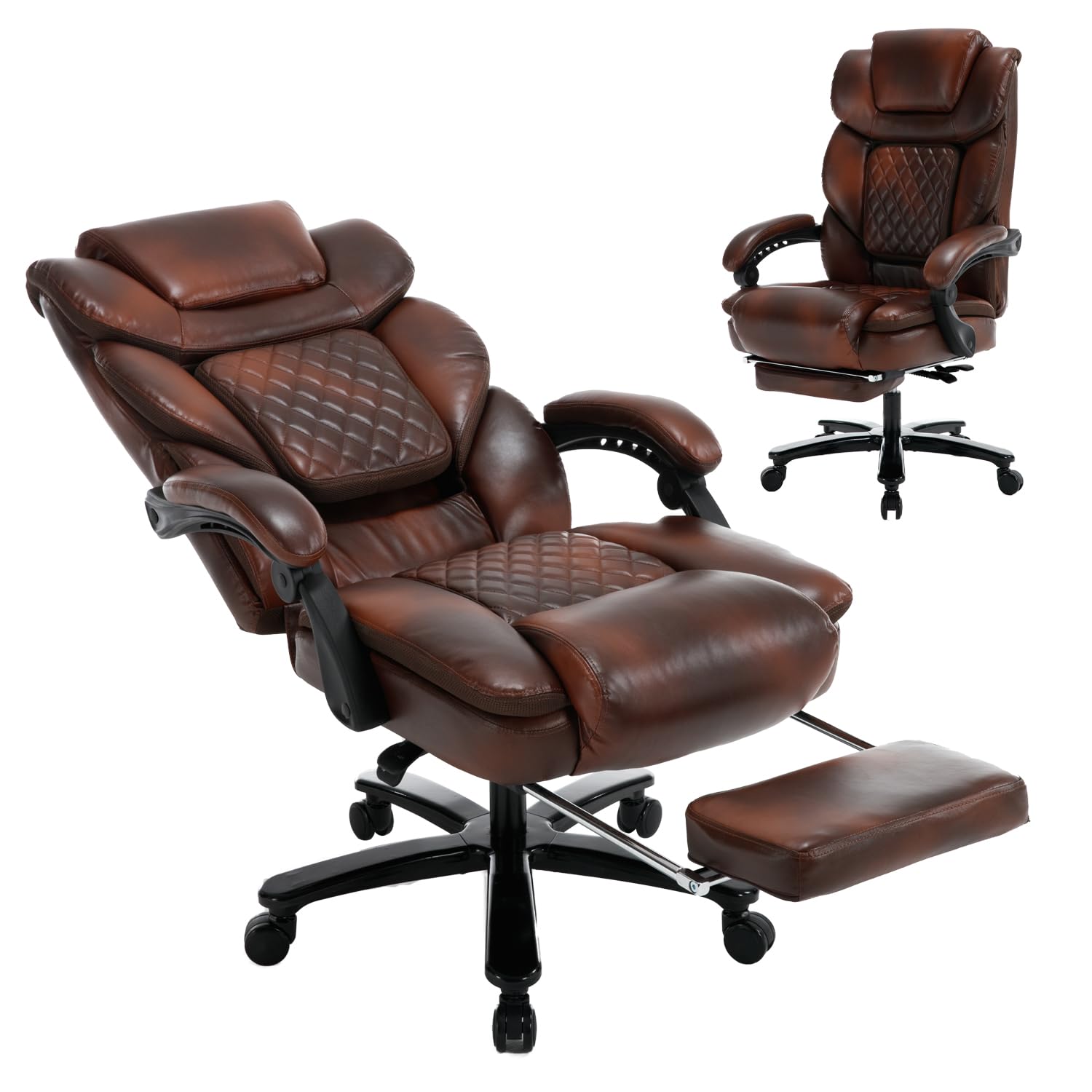 Linting 450Lbs Big Tall Reclining Office Chairs With Foot Rest Back Support Ergonomic Wide Seat Recliner Desk Chair Brown Leathe