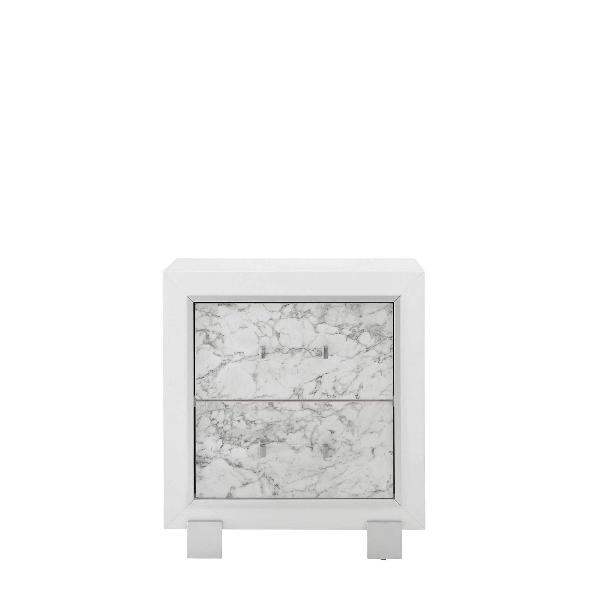 HomeRoots Rubberwood Modern White Nightstand with 2 Faux Marble Detailed Front Drawer.