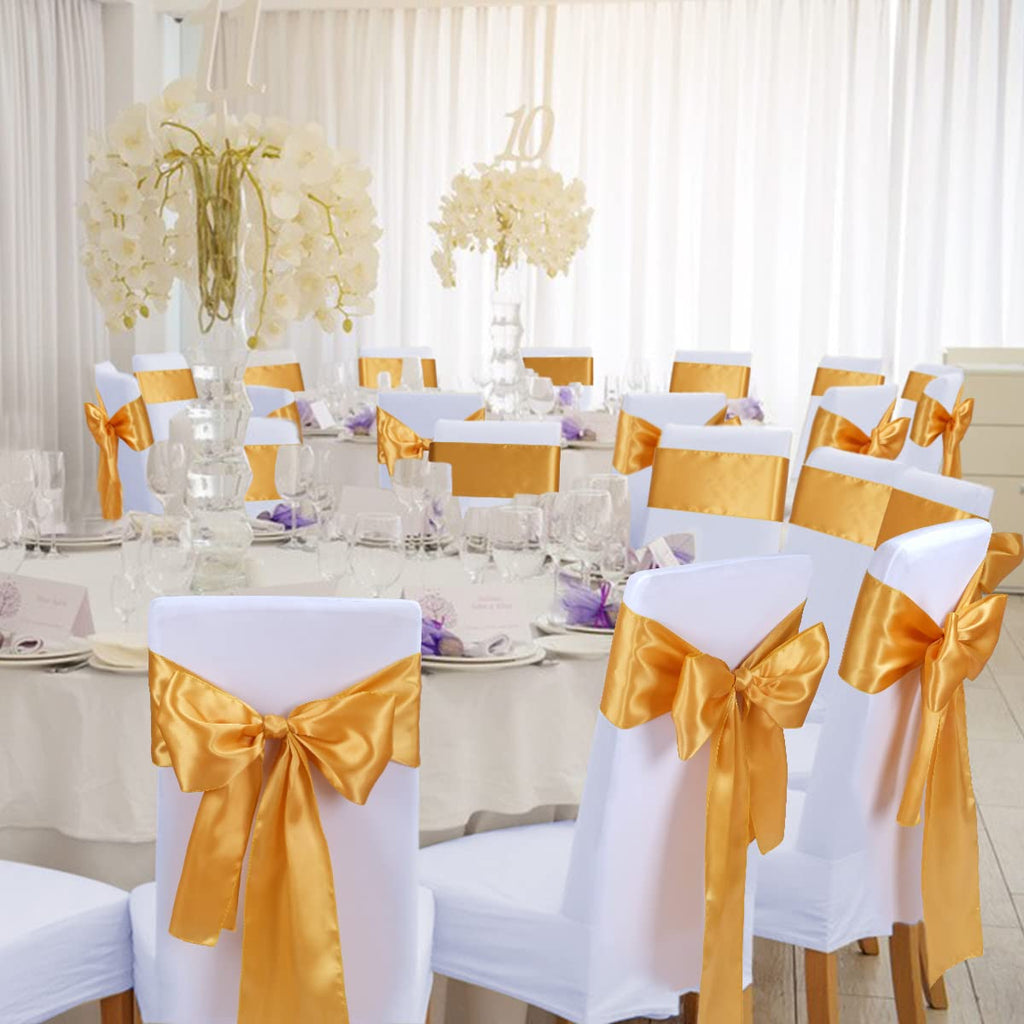 Satin Chair Sashes Ties - Babenest Upgraded 50 Pcs Chair Ribbons Bows For Wedding Banquet Party Christmas Baby Shower Events Decoration (Gold)