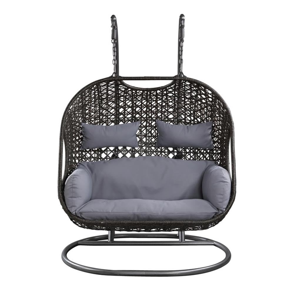 Acme Vasant Outdoor Hanging Chair with Stand, Gray Fabric & Wicker, Stylish Patio Seating for Relaxation and Comfort