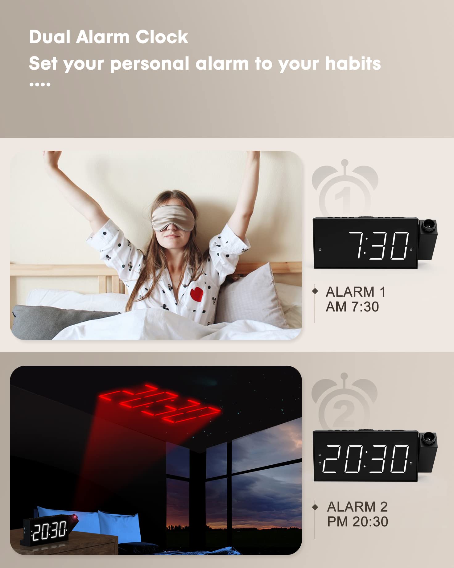 Projection Alarm Clock On Ceiling,Digital Clock For Bedroom With Battery Backup,7   Large Display,Usb Charger,Dimmer,180 Rotatab