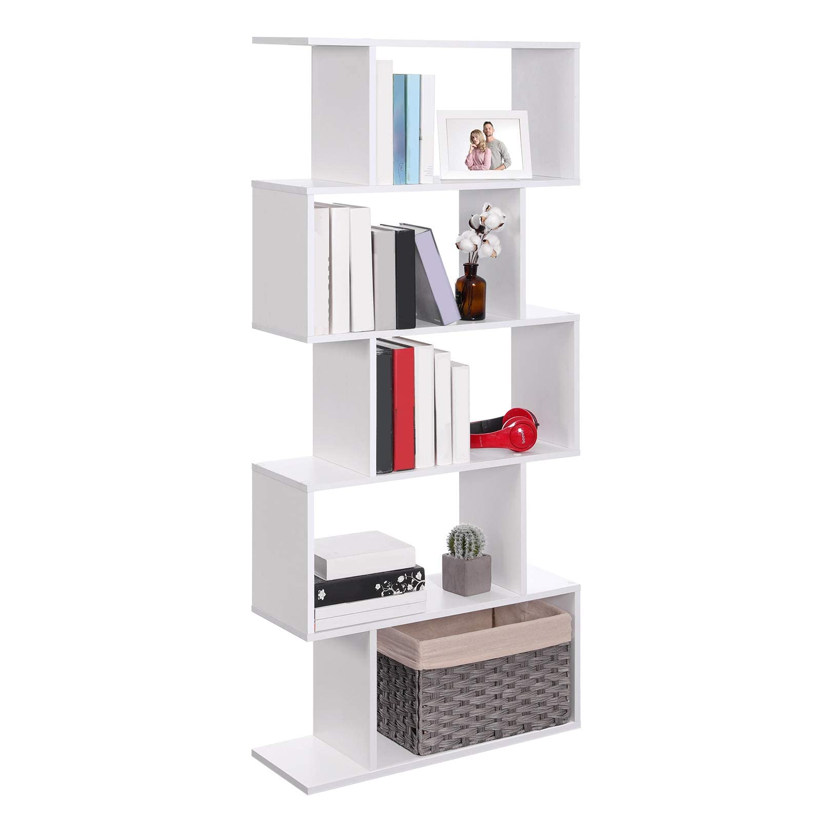 Vasagle Wooden Bookcase, Display Shelf And Room Divider, Freestanding Decorative Storage Shelving, 5-Tier Bookshelf, White