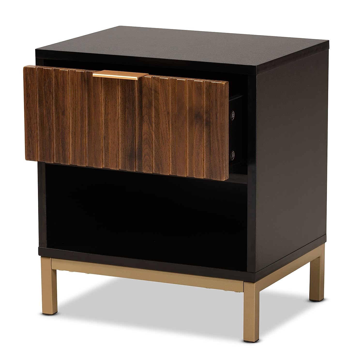 Baxton Studio Uriel Mid-Century Modern Transitional Two-Tone Natural Brown and Black Finished Wood and Brushed Gold Metal 1-Drawer Nightstand
