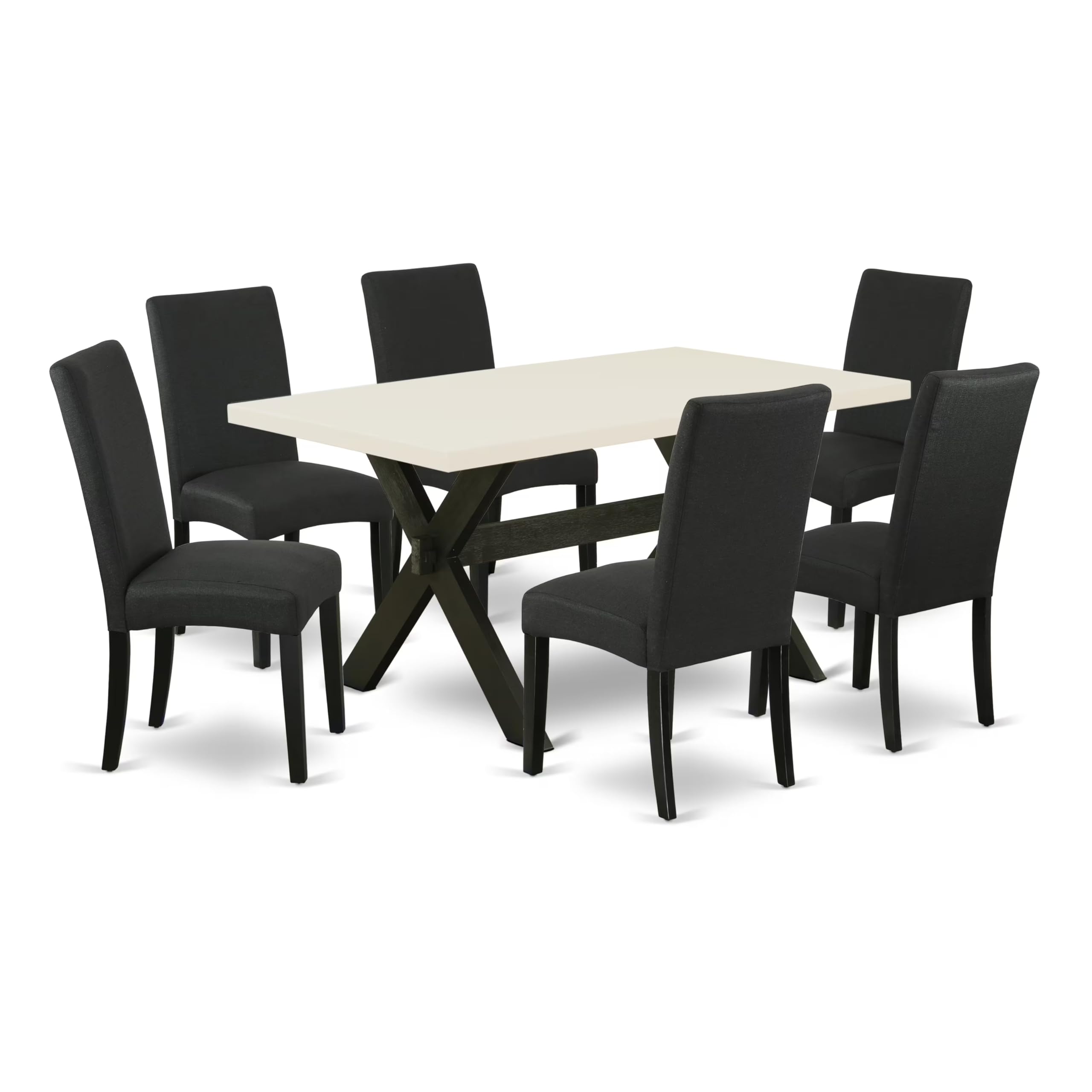 East West Furniture X626Dr124-7 7 Piece Kitchen Table Set Consist Of A Rectangle Dining Table With X-Legs And 6 Black Color Linen Fabric Parson Dining Chairs, 36X60 Inch, Multi-Color