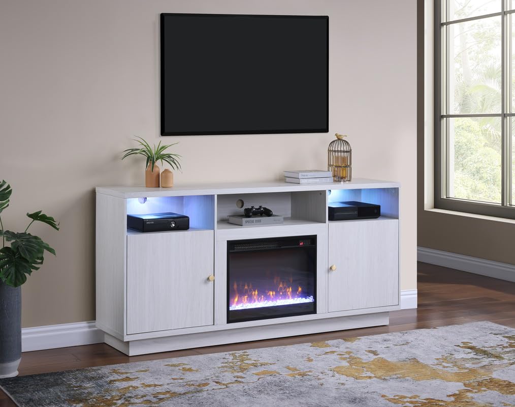 LILOLA LIVING Ambrose 70' W White Walnut Finish Fireplace Console TV Stand with LED Light, Cabinets, Shelves
